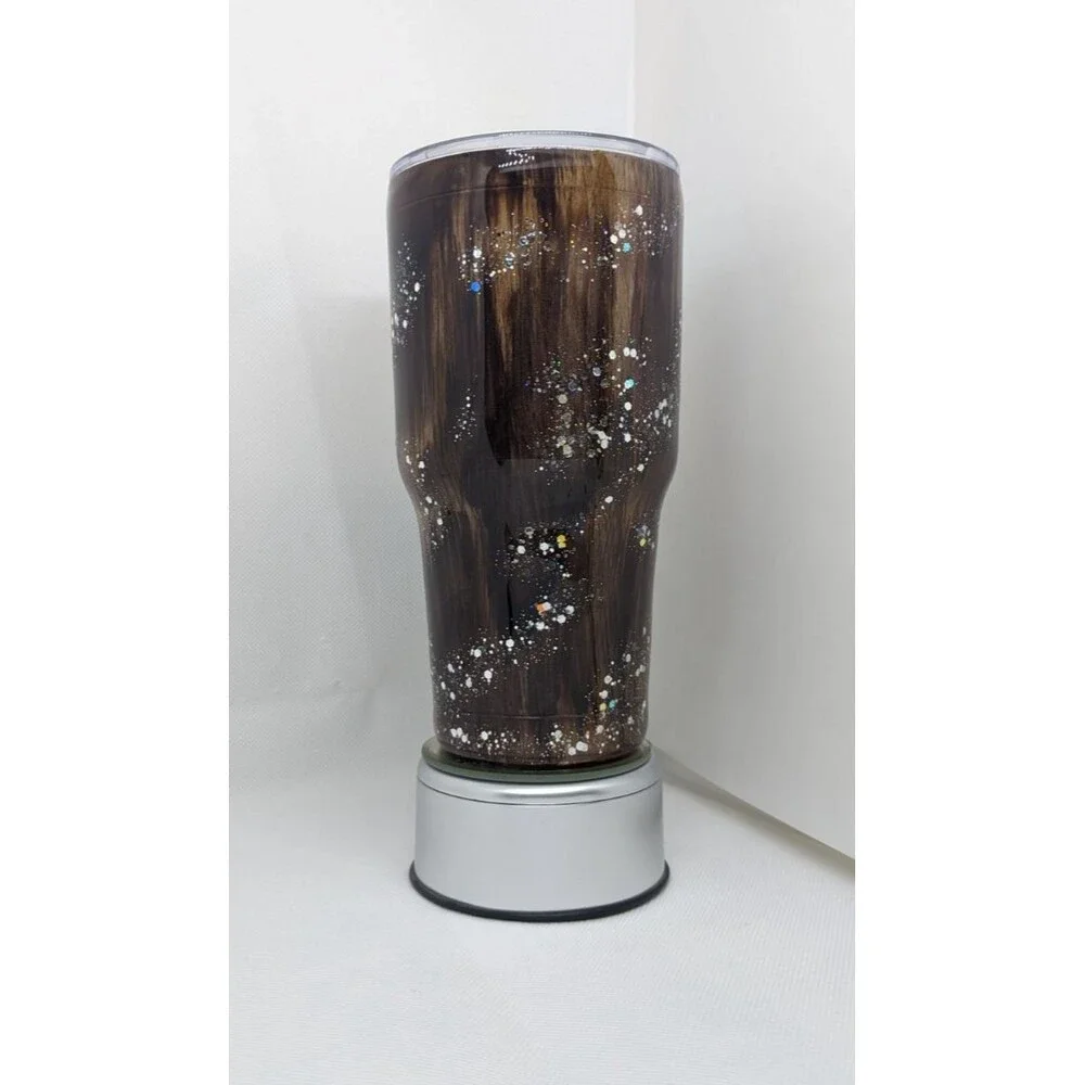Handpainted Woodgrain Resin Tumbler - Dark Brown & Silver Glitter,  30oz, New